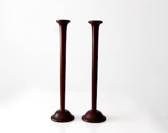 vintage wooden candlestick holders, tall dark wood candle holders