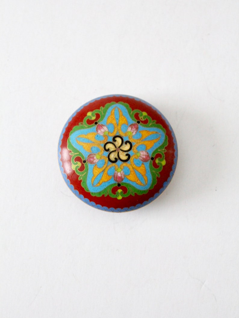 vintage cloisonne box, round enamel jewelry box image 1