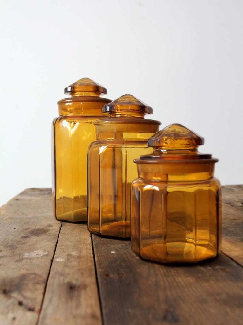 Antique amber glass jars faceted glass canisters Etsy