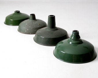 vintage industrial pendant light shades set/4, green enamel warehouse lights