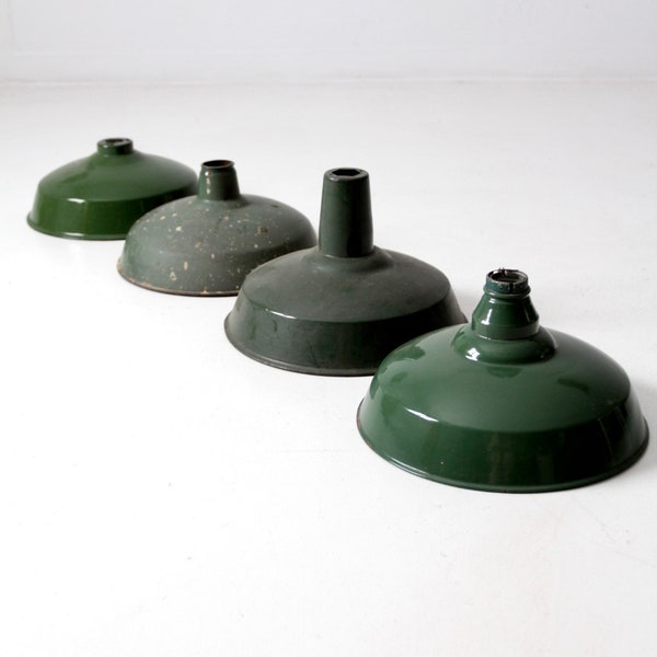 vintage industrial pendant light shades set/4, green enamel warehouse lights