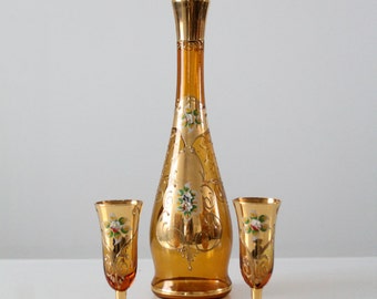 mid-century decanter set, Italian hand-painted decanter and glasses