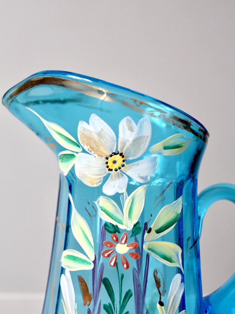 Antique Handpainted Glass Pitcher Set Etsy