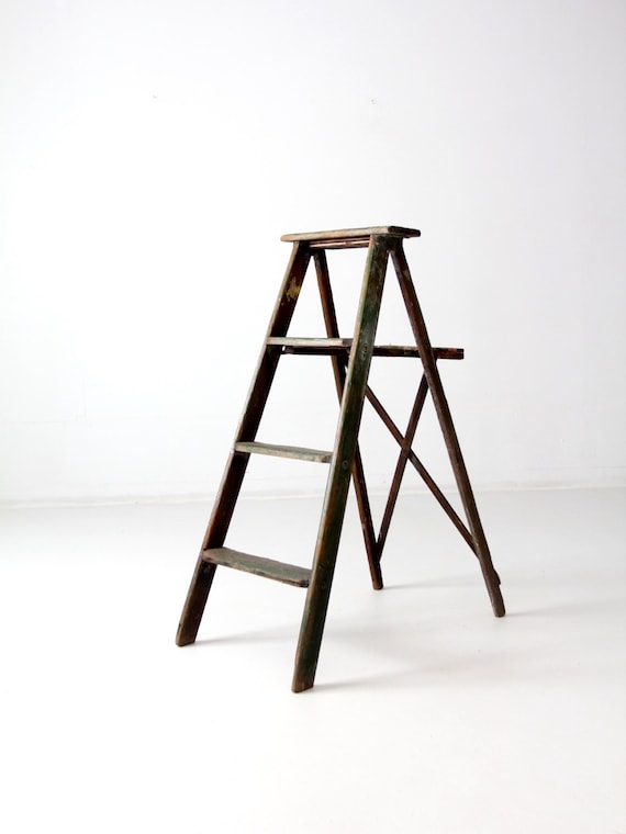 Vintage Green Wood Ladder Folding Ladder Etsy