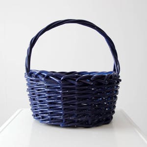 Cesta vintage con asa, cesta grande de madera curvada azul