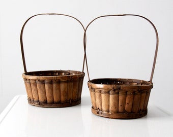 vintage basket set/2, bamboo handle baskets pair