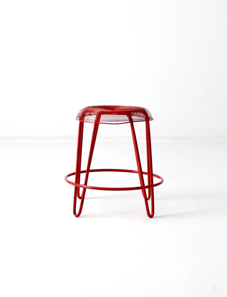 Midcentury Wire Stool Red Metal Stool Etsy
