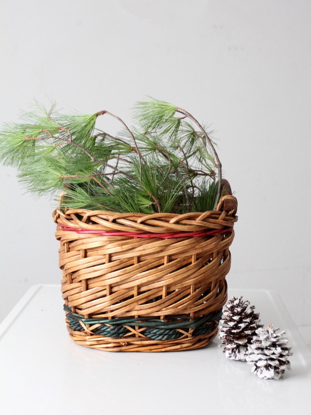 Vintage Woven Basket With Red and Green Bands - Etsy