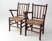 vintage Americana lodge chairs with split weave seats, set cabin chairs