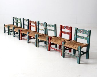 Mexican folk art chair collection, vintage painted children's chairs - set/8