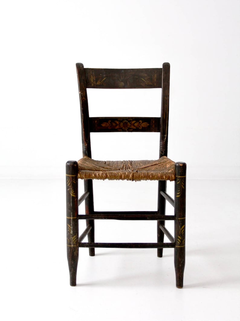 antique Hitchcock style chair, rush seat painted chair 画像 3