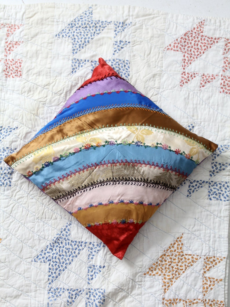 antique rainbow crazy quilt throw pillow image 3
