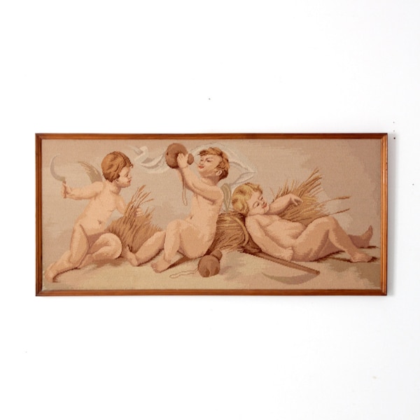 vintage framed needlepoint cherubs wall hanging