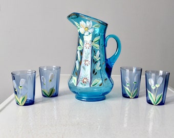 antique hand-painted glass pitcher set