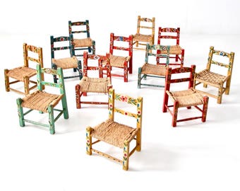 Mexican folk art chair collection, vintage painted children's chairs - set/12