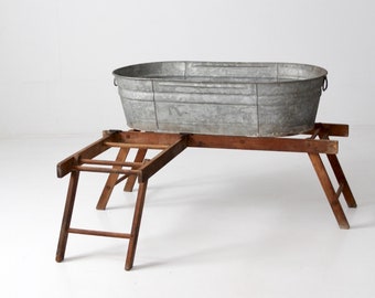 antique galvanized tub with wooden wash stand