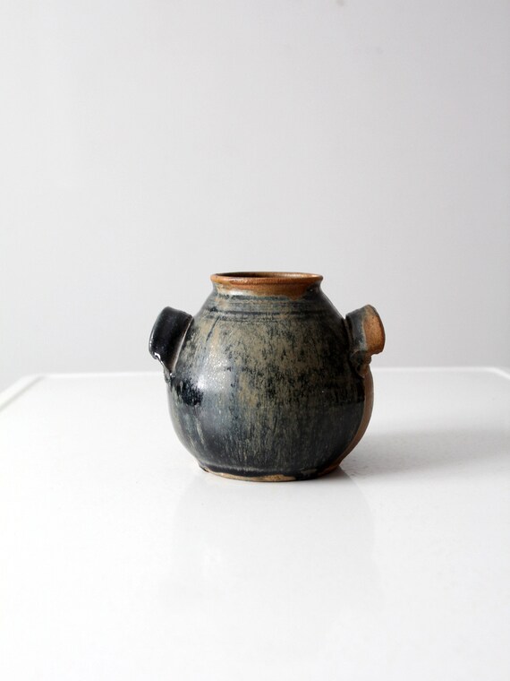 茶色 陶器 花瓶 サイン付き ヴィンテージのサイン入りスタジオ陶器の