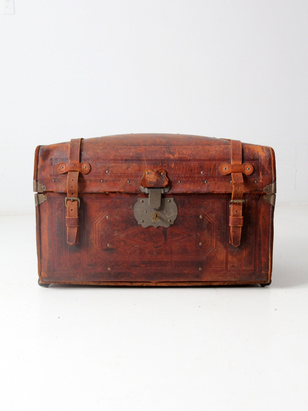 Antique Solid Leather Trunk Portmanteau By H.J. Cave 19th C
