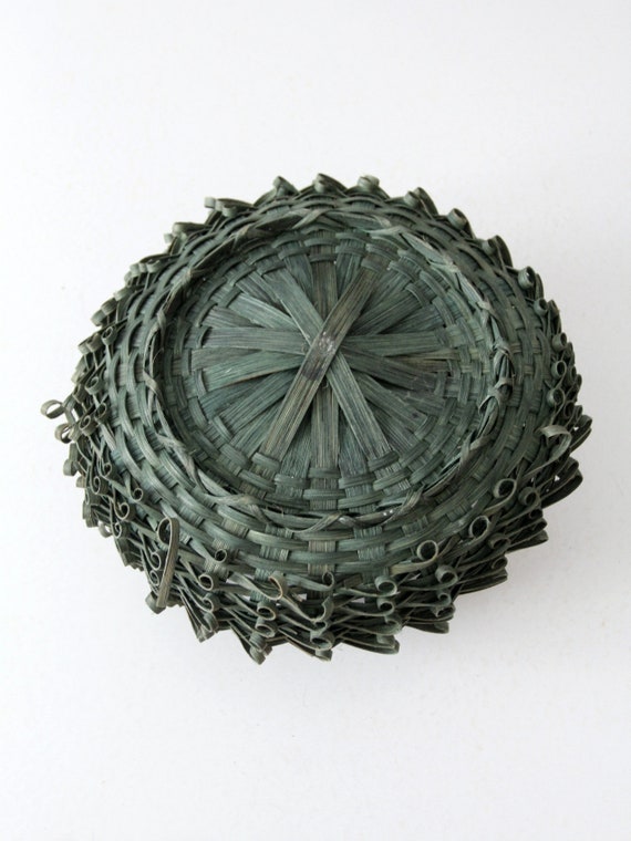 Vintage Green Curl Weave Basket With Handle - Etsy