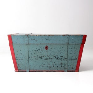 antique blue hand-painted wood trunk