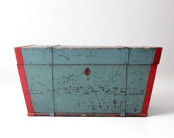 antique blue hand-painted wood trunk
