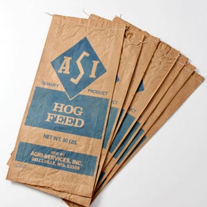 vintage ASI paper feed bag, blue paper farm sacks, rustic country decor