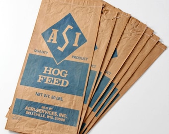 vintage ASI paper feed bag, blue paper farm sacks, rustic country decor