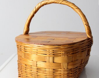 ヴィンテージの編み込みピクニックバスケット - Etsy 日本
