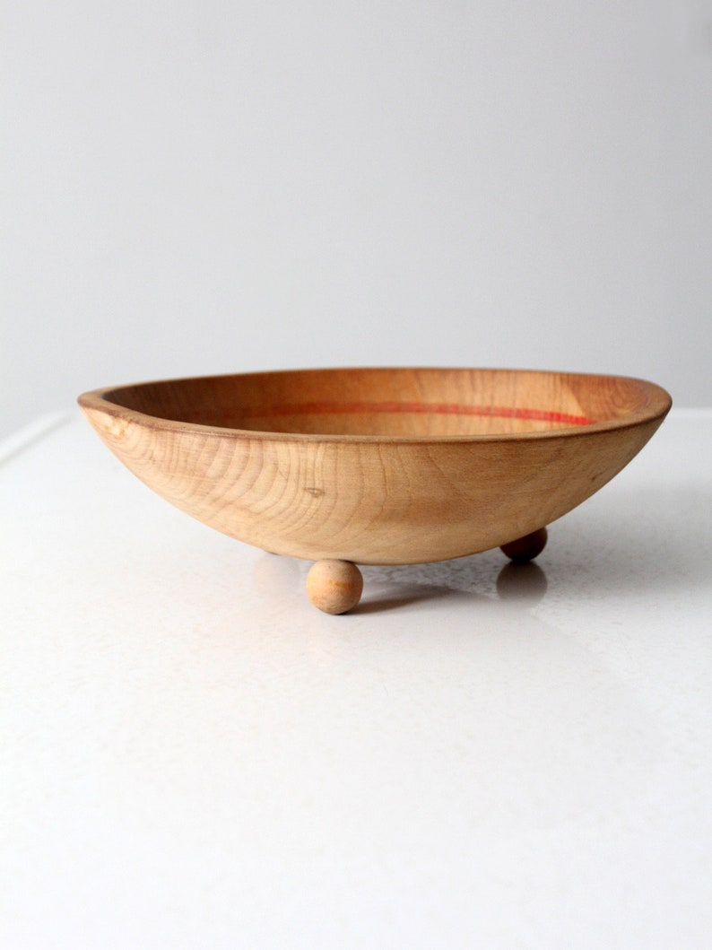 vintage hand-painted footed wood bowl image 9