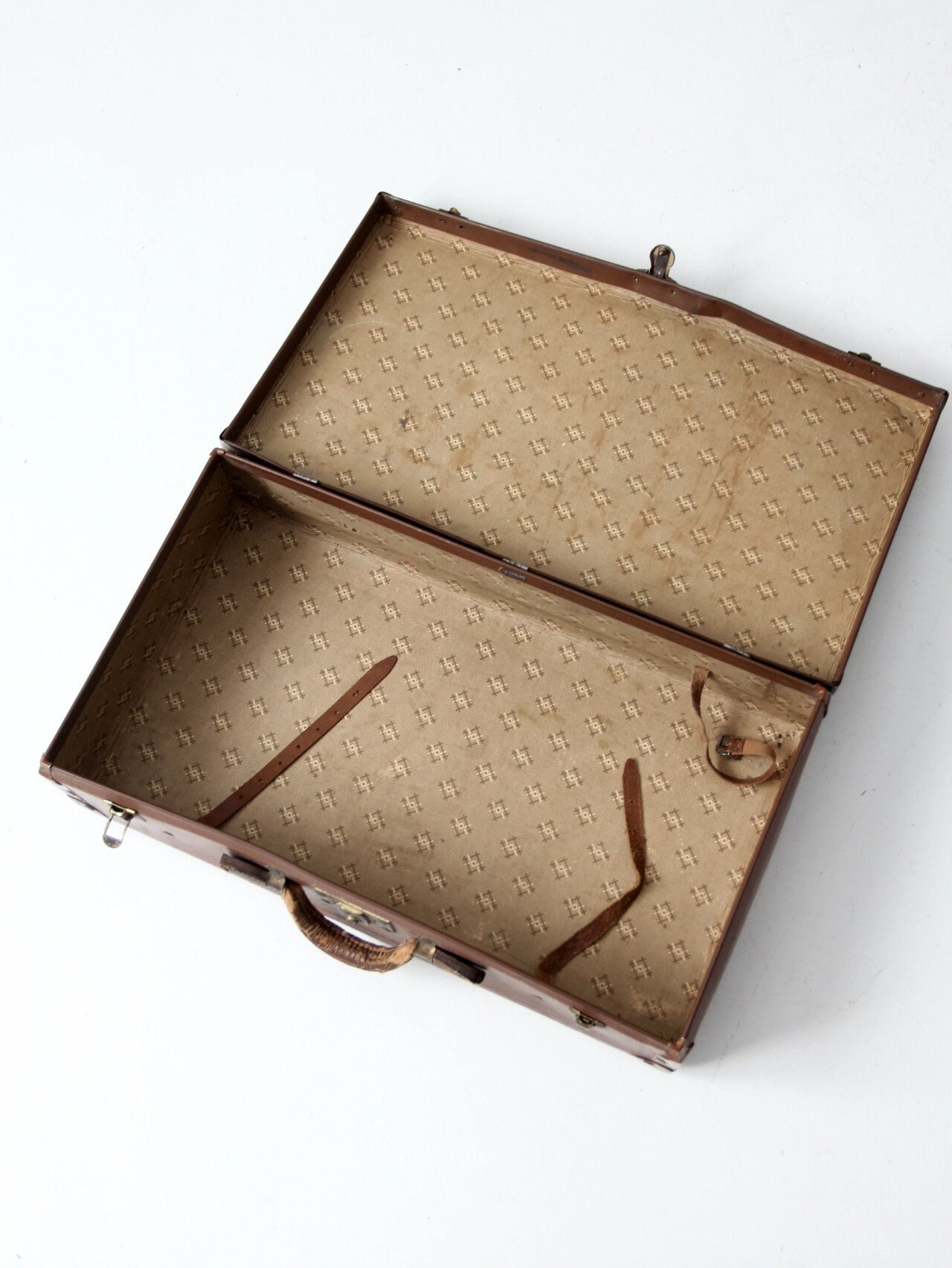 Antique Brown Hardboard Suitcase: Brass Hardware, Leather Handle