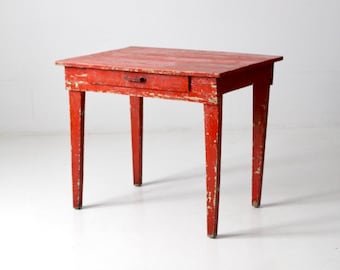 antique red painted work table with money drawer