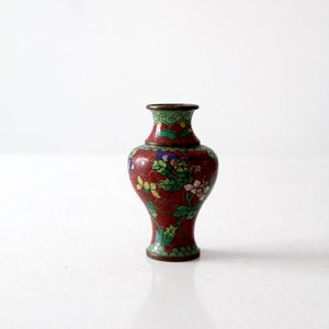 vintage Chinese cloisonné vase, small red floral vase image 2