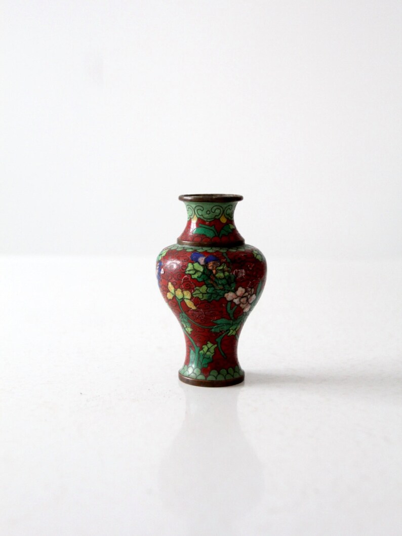 vintage Chinese cloisonné vase, small red floral vase image 2