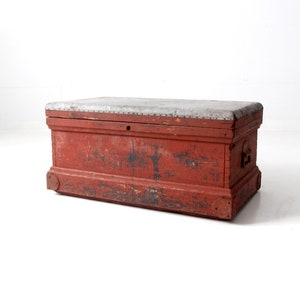 Antique Red Wooden Chest With Galvanized Top - Etsy