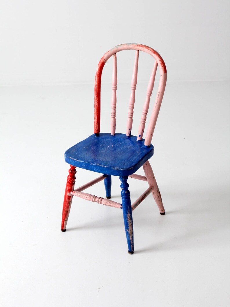 vintage painted children's chair, bright color spindle back chair image 9