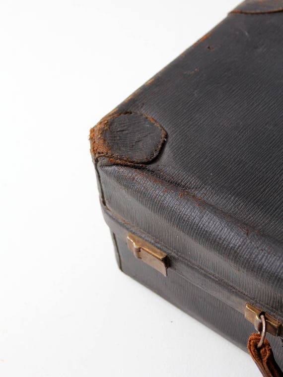 1930s Black Leather Suitcase, Vintage Luggage, Stacking Luggage