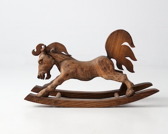 vintage hand carved wood rocking horse, decorative art horse toy