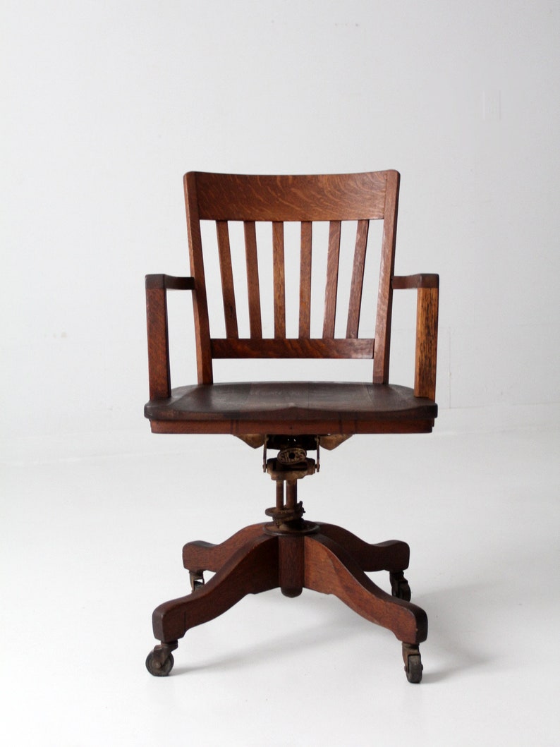 antique desk chair, wood swivel office chair on casters image 2