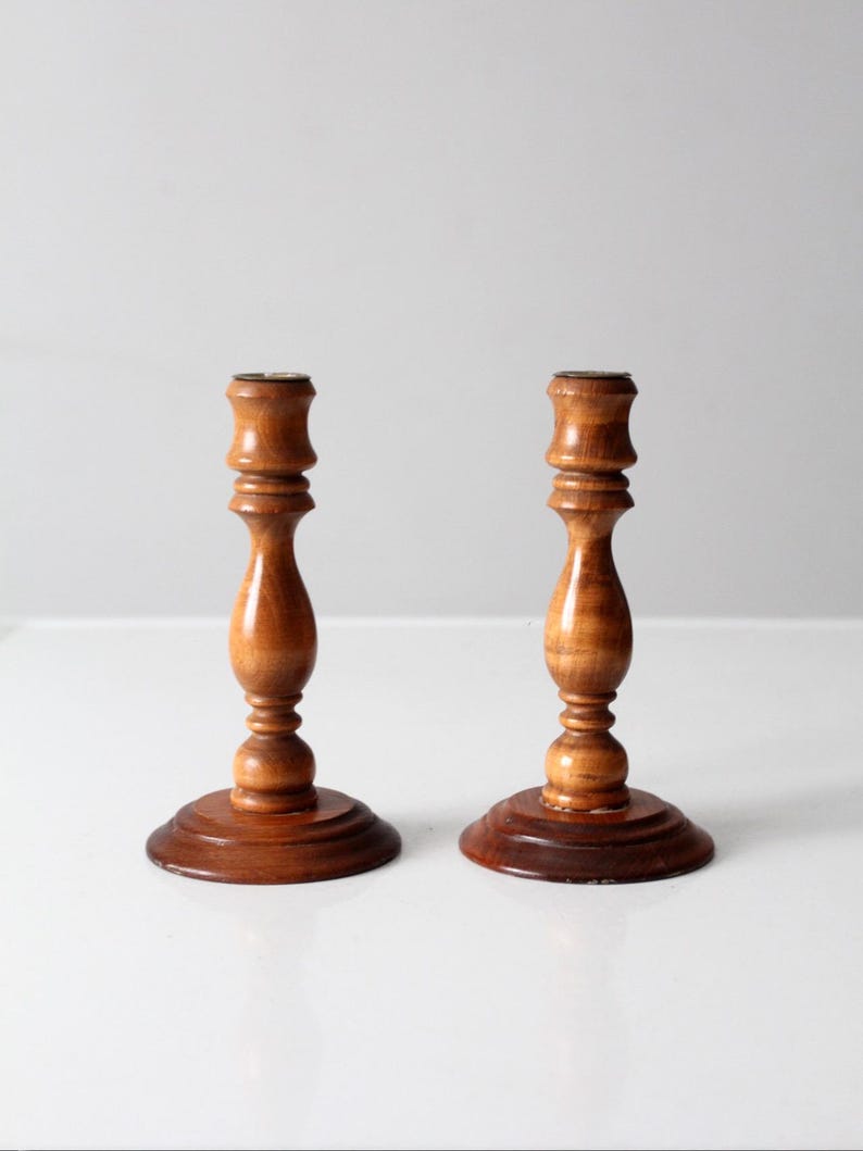 Vintage Turned Wood Candlestick Holders Pair - Etsy