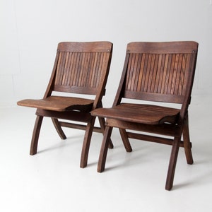 mid-century slat wood folding chairs pair