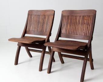 mid-century slat wood folding chairs pair