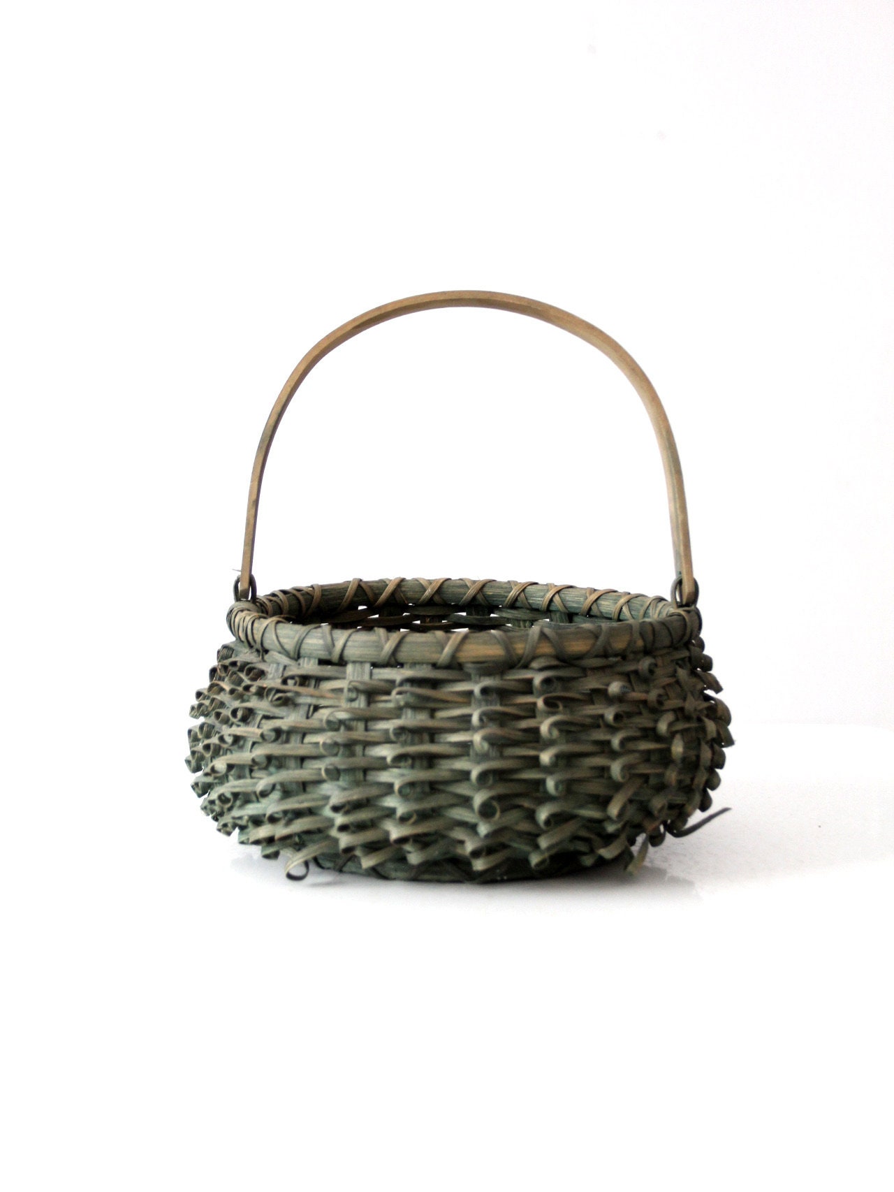Vintage Green Curl Weave Basket With Handle - Etsy