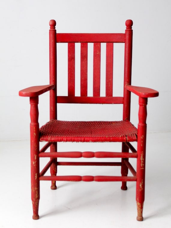 Antique Red Wicker Seat Arm Chair Etsy