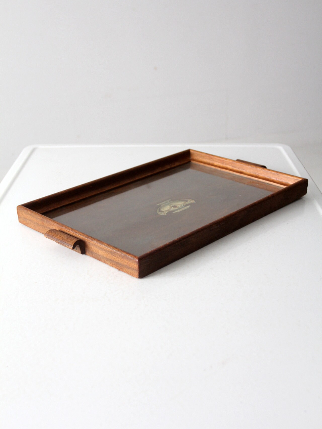 Ancien Plateau De Service Rectangulaire En Bois Et Verre - 41x26 Cm - Multicouleur