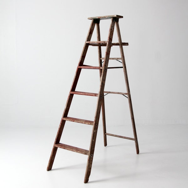 wood ladder, vintage red painter's ladder, 5.5 ft decorative ladder