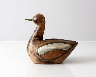 vintage folk art wood and metal duck figurine