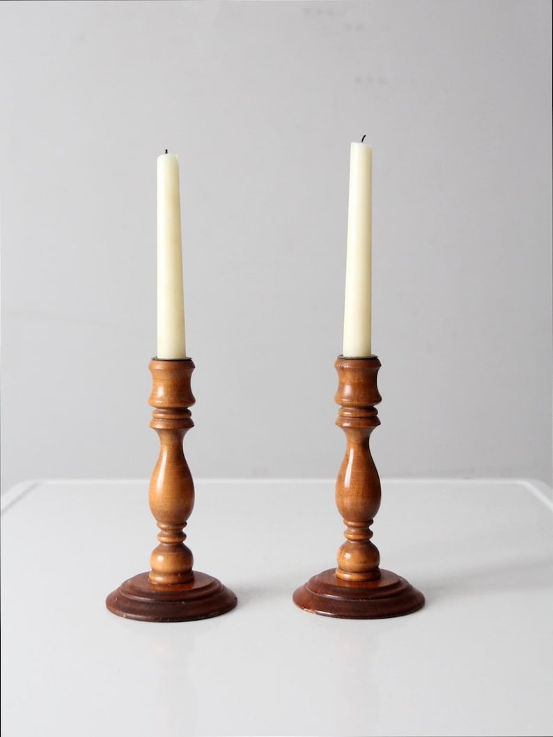 Vintage Turned Wood Candlestick Holders Pair - Etsy Australia