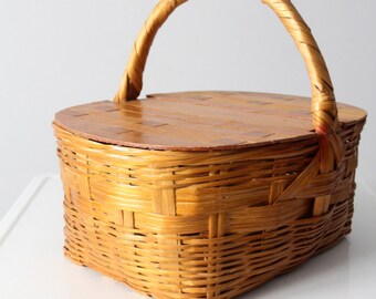 ヴィンテージの編み込みピクニックバスケット - Etsy 日本