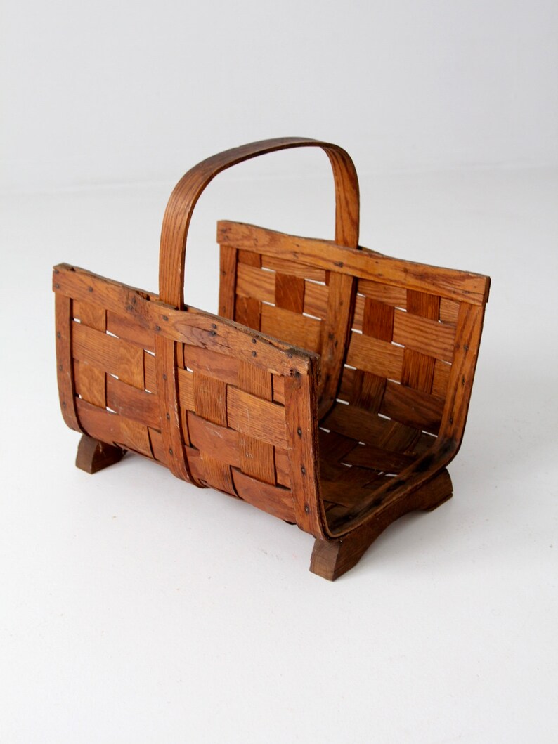Vintage basket weave wooden magazine or log holder Etsy