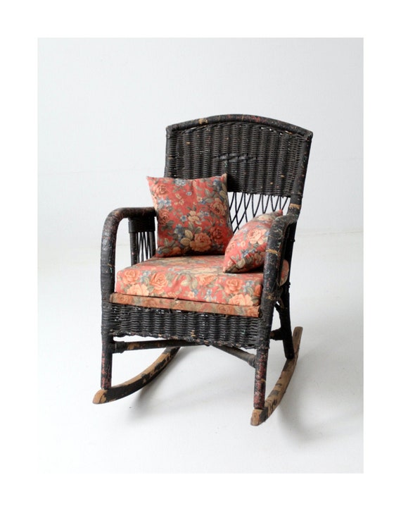 Antique Wicker Rocking Chair With Floral Upholstery Etsy UK